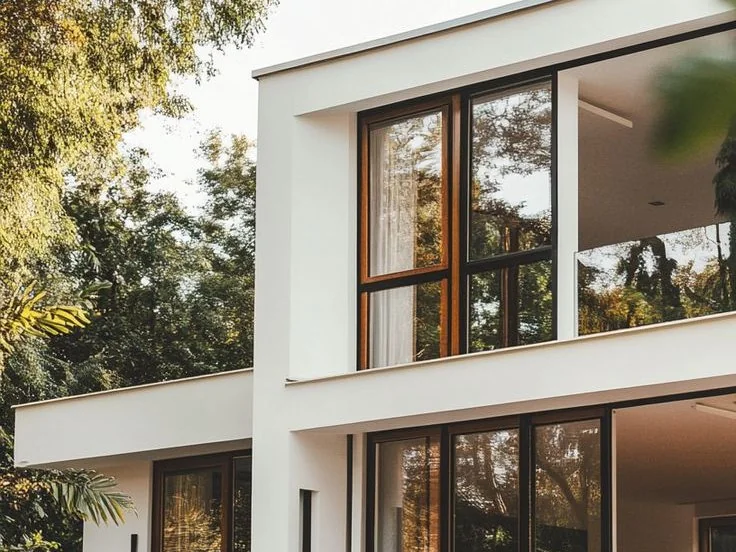 A modern white house with floor-to-ceiling windows, framed by trees.