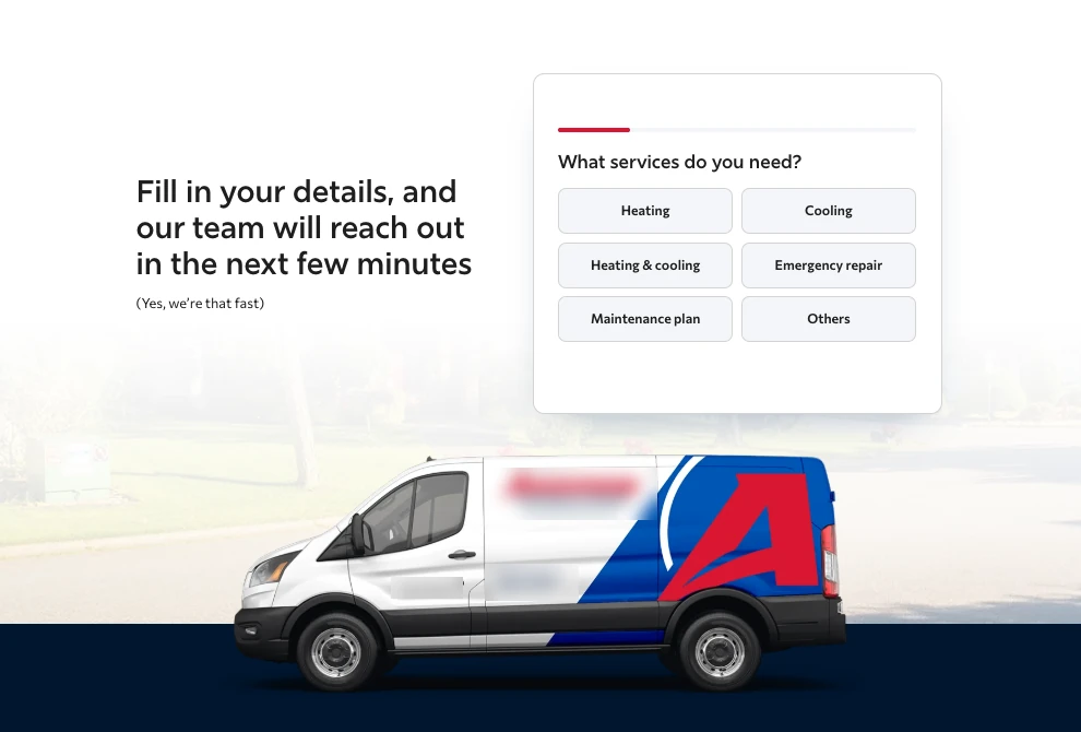 A contact section built for an HVAC company, on desktop: the headline, the services question with its six choices, and the company van, the company's details blurred