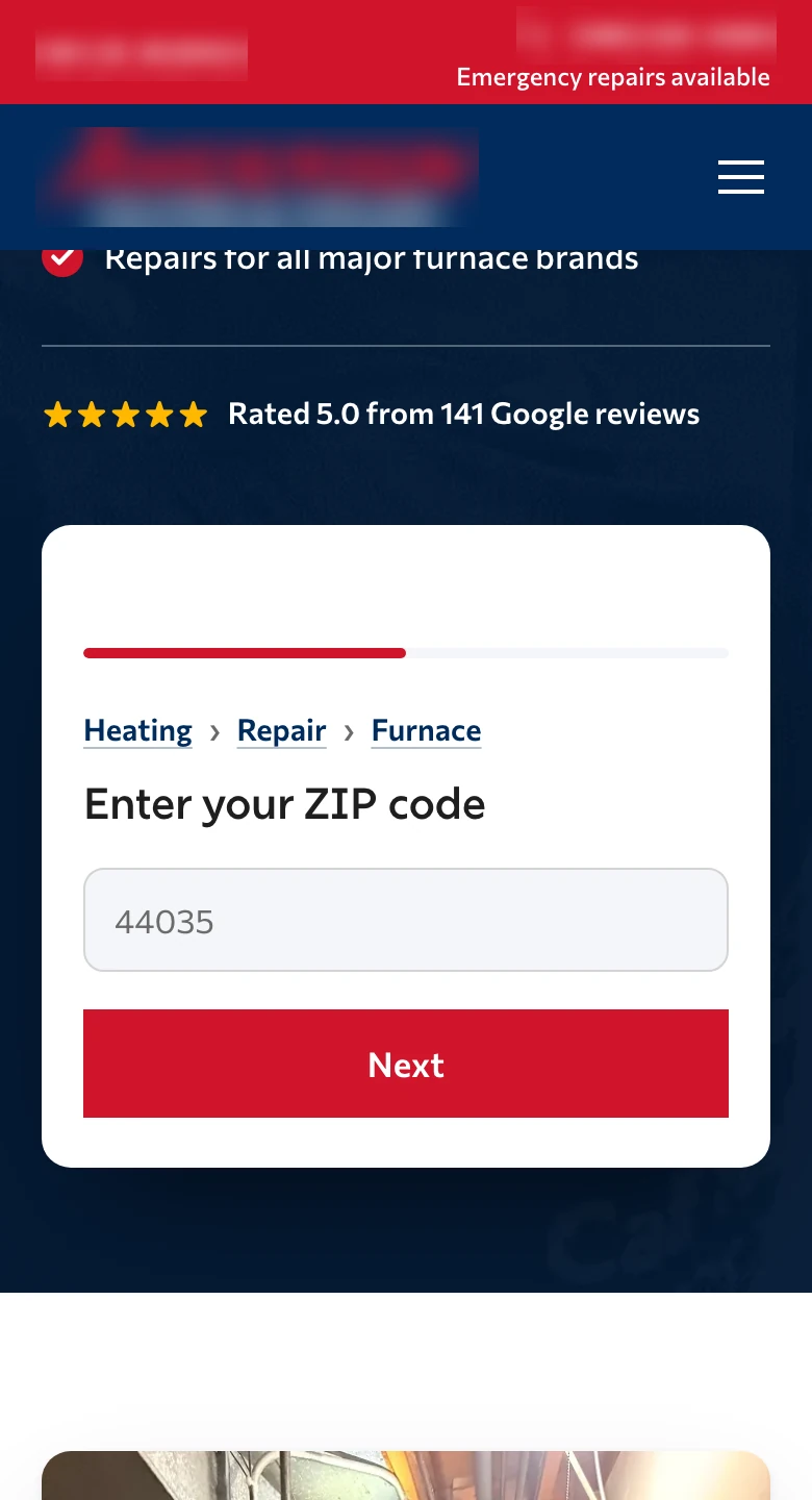 The same HVAC company's site on a phone: the home page with its star rating and ZIP code form, the company's details blurred