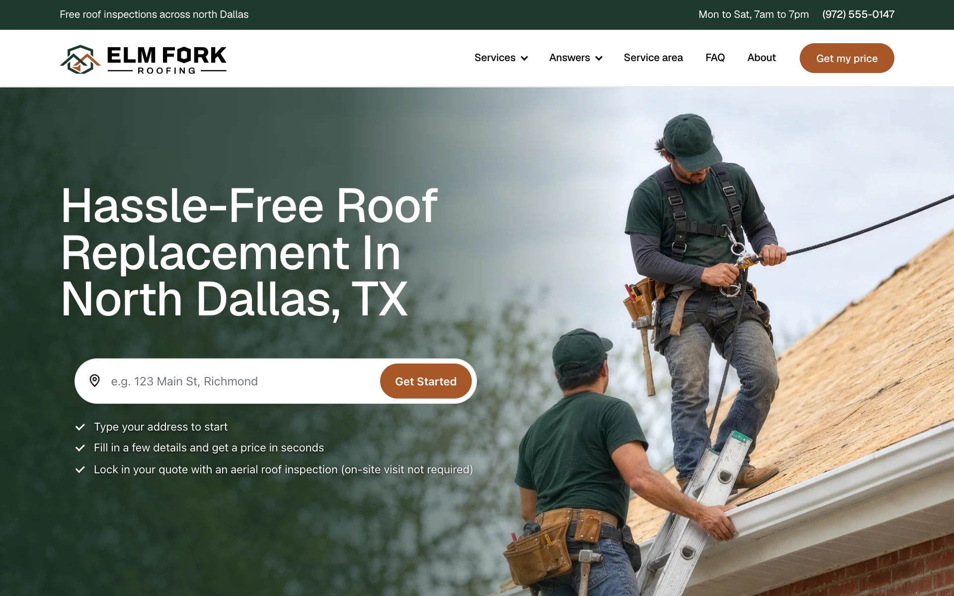 Home service website design for a demo roofing contractor: the homepage with its logo, a Get my price button, a headline about roof replacement and an instant roof quote bar asking for the home address