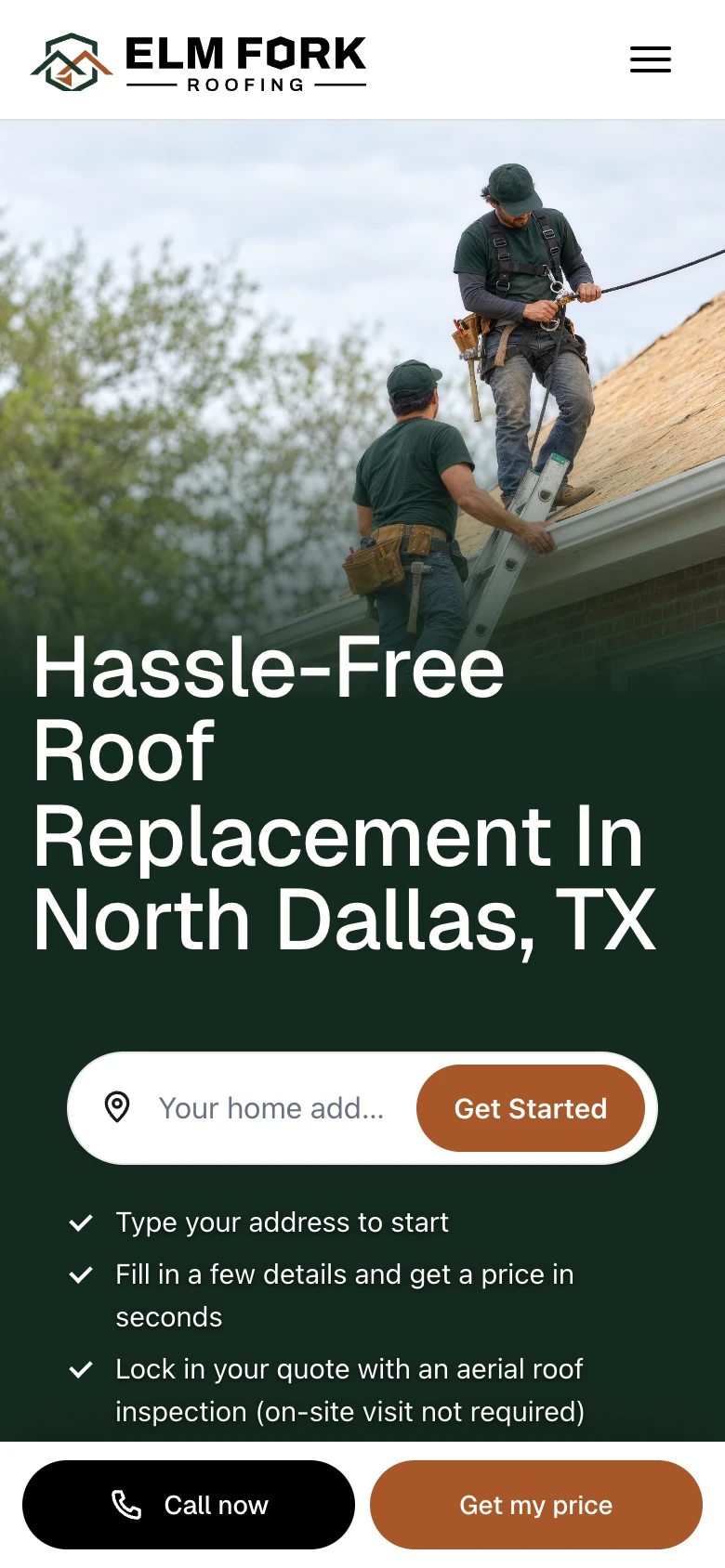 The same demo roofing website on a phone screen, with the instant roof quote bar and Call now and Get my price buttons