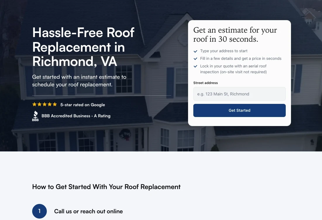 An instant roof quote tool embedded on a roofing company's website, seen on desktop: the page headline beside the estimate form